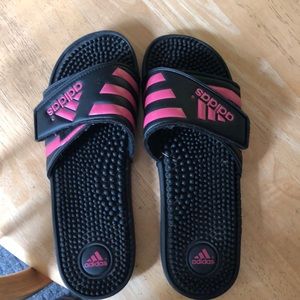 Pink and black Adidas Slides